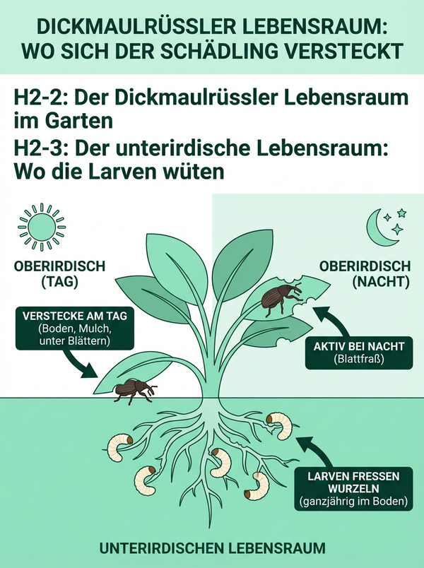 Der Lebensraum des Dickmaulrüsslers: Verstecke über und unter der Erde