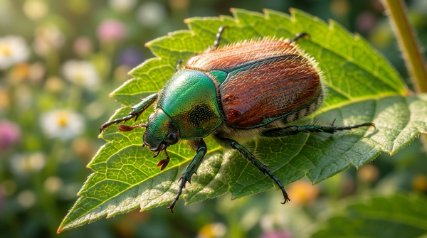 Gartenlaubkäfer Nahaufnahme auf einem Blatt mit metallisch grünem Halsschild