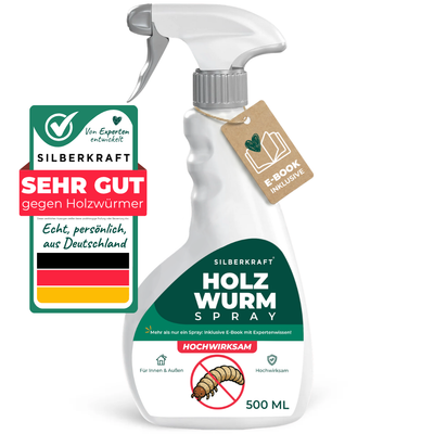 Silberkraft Holzwurmspray 1000 ml neben dem eBook-Ratgeber ‚Der ultimative Ratgeber gegen Holzwurm‘ mit Expertin.