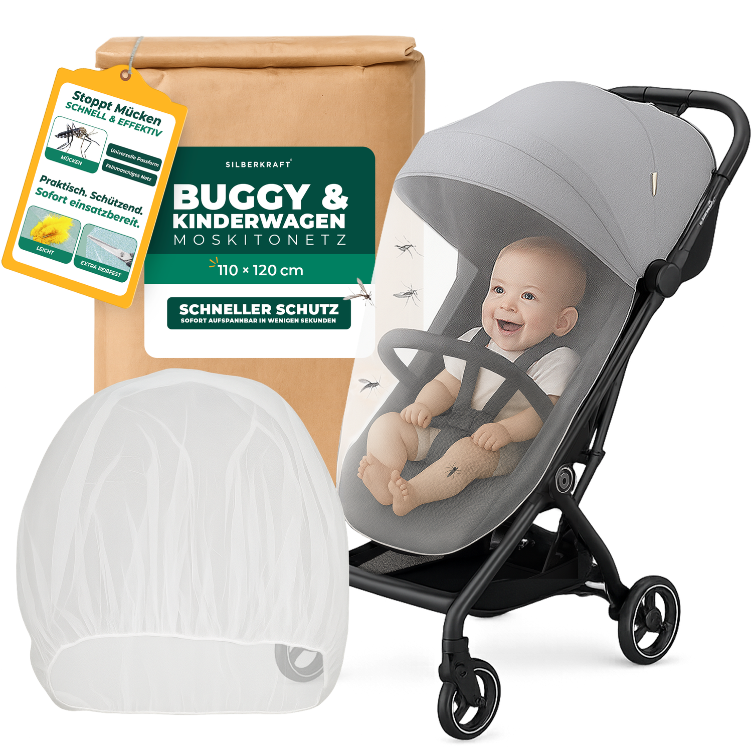 Moskitonetz Kinderwagen & Buggy - universeller Insektenschutz für Babys unterwegs - Feinmaschiges Netz, leicht & reisetauglich - Silberkraft