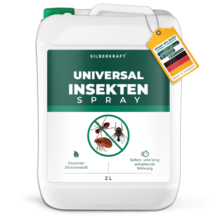 2 Liter des Silberkraft Universal Insektensprays mit sofortiger und langanhaltender Wirkung gegen fliegende und kriechende Insekten. Enthält dezenten Zitronenduft, ist auf Wasserbasis und frei von Permethrin. Hergestellt in Deutschland aus recyceltem Kunststoff für nachhaltigen Insektenschutz.