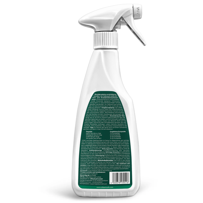 Rückseite der Silberkraft Flohspray-Flasche mit detaillierten Anweisungen zur Anwendung und Inhaltsstoffen.