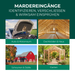 Anwendungmöglichkeiten des Silberkraft Marder Stopp Sprays. Dargestellt sind der Motorraum eines Autos, ein Dachboden, ein Stall und der Garten, um die verschiedenen Anwendungen darzustellen. 