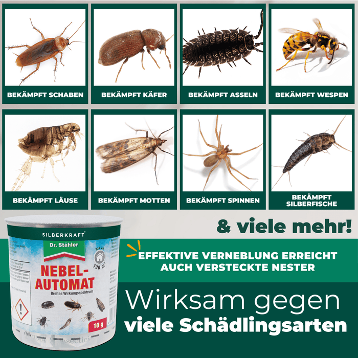 Silberkraft Nebelautomat 10g-20g wirkt gegen Fliegen, Mücken, Motten, Kakerlaken und weiteres kriechendes sowie fliegendes Ungeziefer