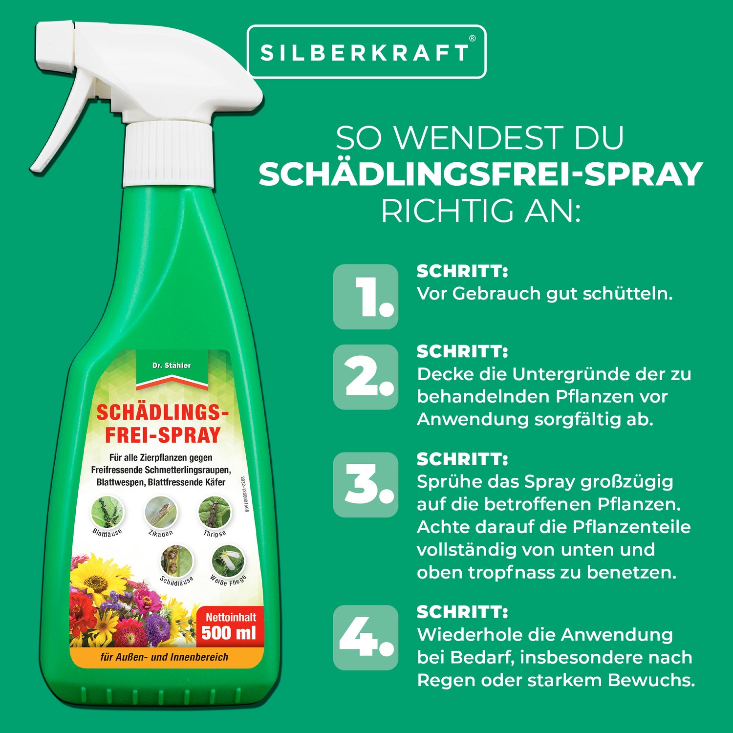 Schädlingsfrei-Spray für eine geschützte Pflanzenumgebung ohne Milben und Blattläuse - Silberkraft