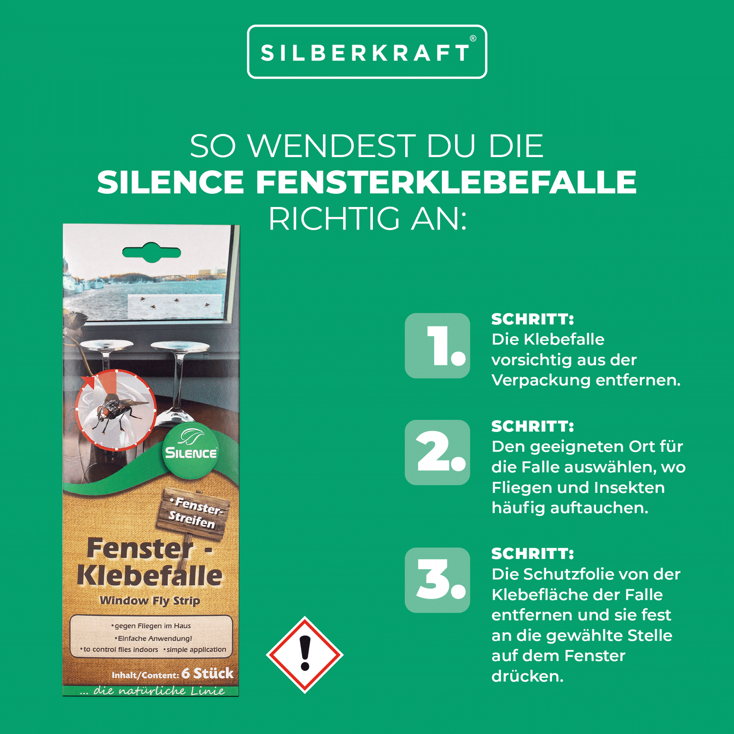 Silence Fenster-Klebefalle: Wirksame Fliegenfalle für Fenster mit transparenter Optik - Silberkraft