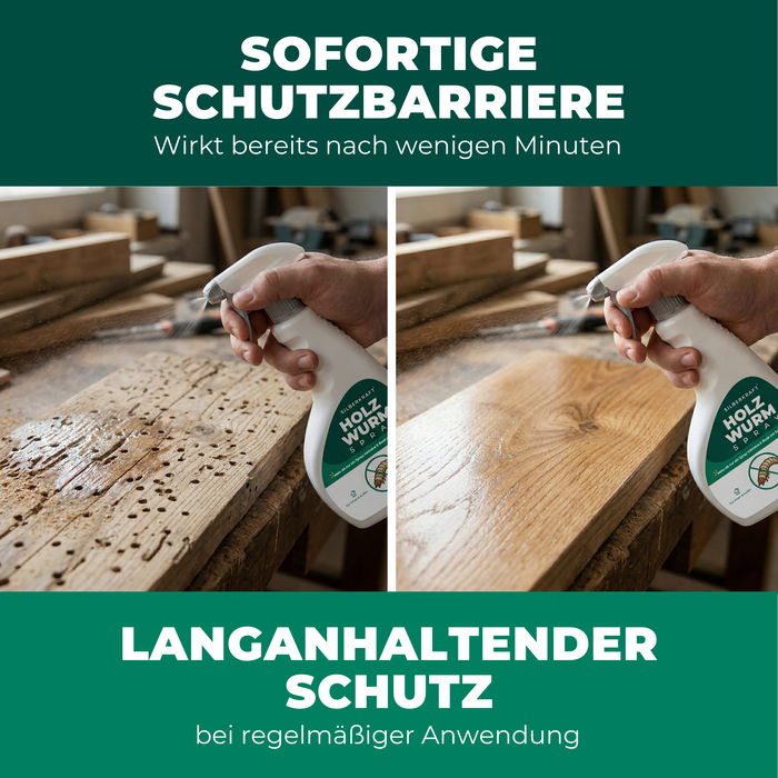 Wirkungs-Darstellung Silberkraft Holzwurmspray: Sofortige Schutzbarriere nach wenigen Minuten (links) und langanhaltender Schutz bei regelmäßiger Anwendung (rechts).