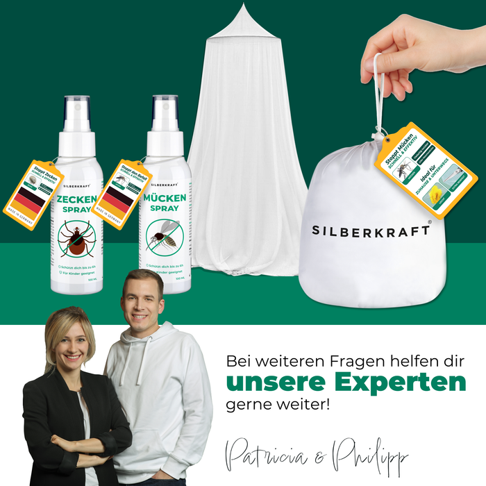 Silberkraft Mückenschutz mit Expertenberatung – Moskitonetz mit Klebehaken, begleitet von Zeckenspray und Mückenspray. Patricia und Philipp stehen als Experten für Fragen bereit.