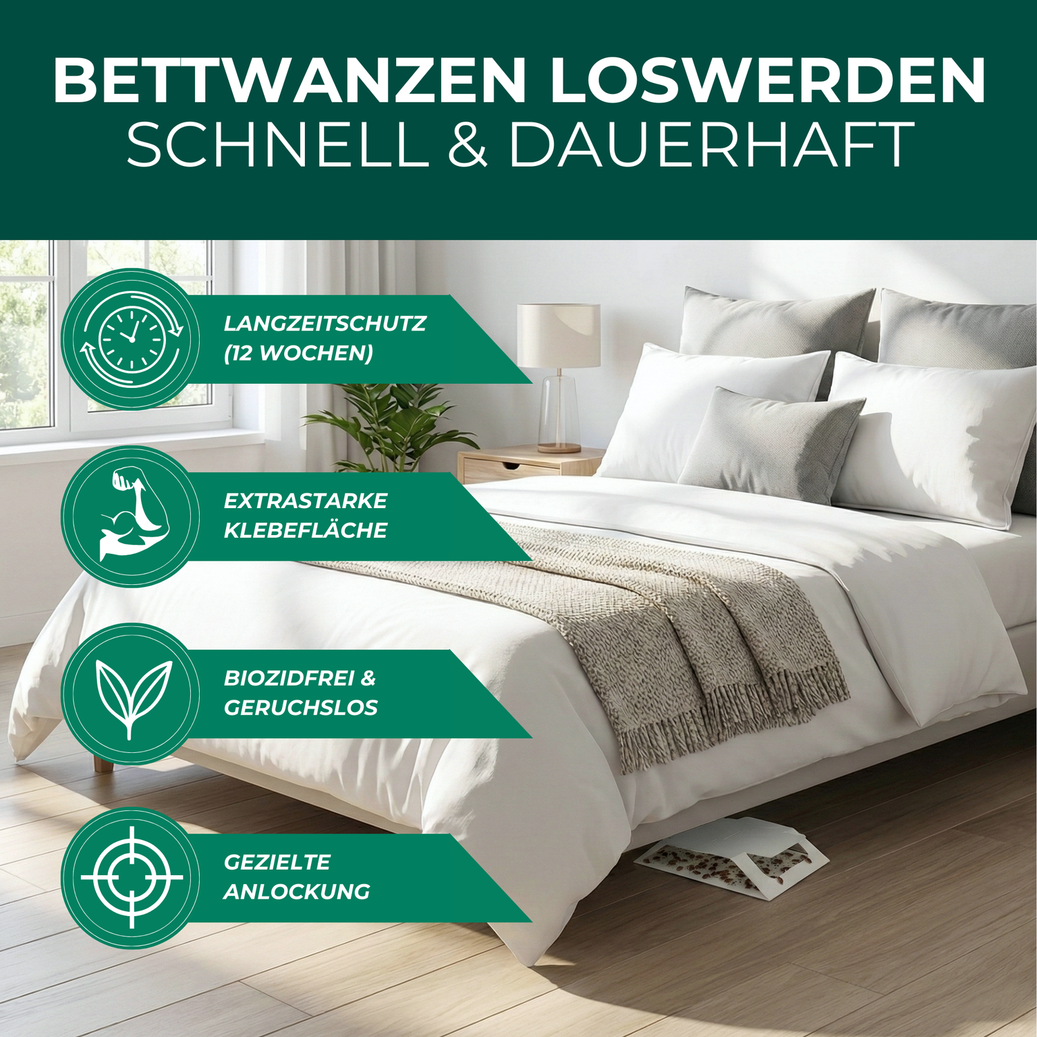 Bettwanzenfalle unter dem Bett platziert – Klebefalle mit Langzeitschutz und gezielter Anlockung