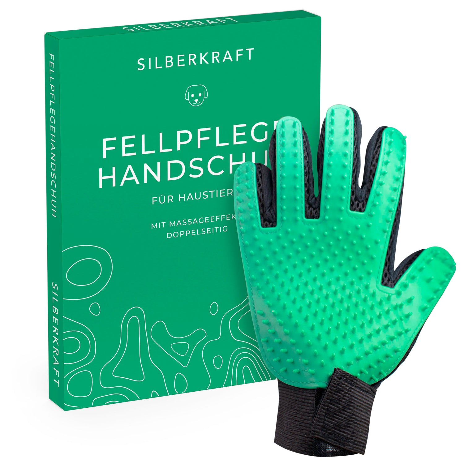 Fellpflegehandschuh für Hund, Katze, Pferd; Kaninchen und anderen Haustieren - Schonende Pflege dank 256 Noppen - Massageeffekt - Einheitsgröße - Egal ob Lang oder Kurzhaar - Silberkraft