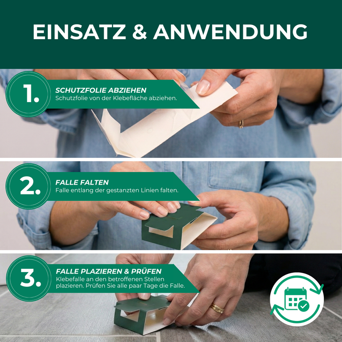 Anwendung der Käferfalle – Schutzfolie abziehen, Klebefalle falten und an befallenen Stellen platzieren