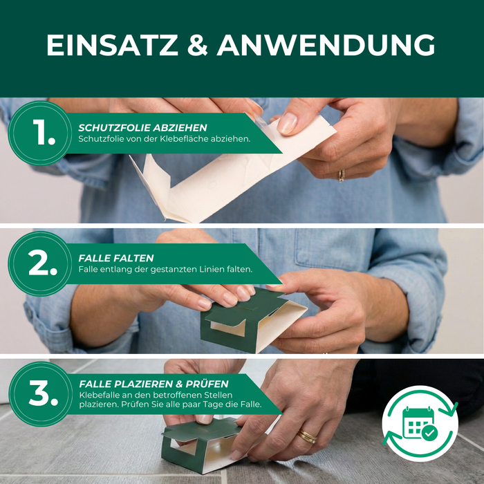 Anleitung zur Anwendung der Kornkäferfalle – Schutzfolie abziehen, falten und gezielt platzieren