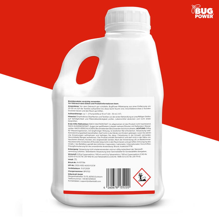 BugPower Milben Spray für Textilien 500 ml- hinterlässt keine Flecken - Silberkraft