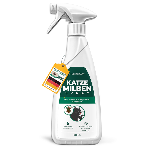 Mehrere Ansichten der Silberkraft Milbenspray-Flasche, um das Produkt aus verschiedenen Perspektiven zu zeigen.