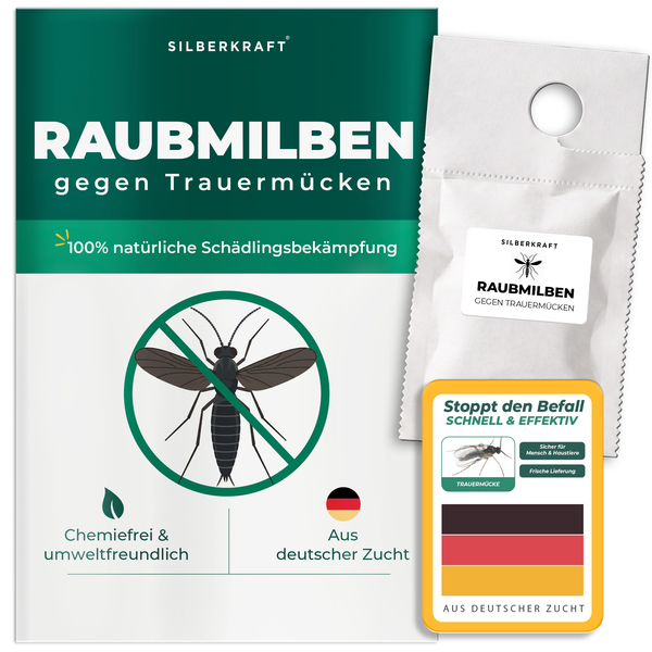 Silberkraft Raubmilben gegen Trauermücken – Verpackung mit Tüte und Nützlingen aus deutscher Zucht