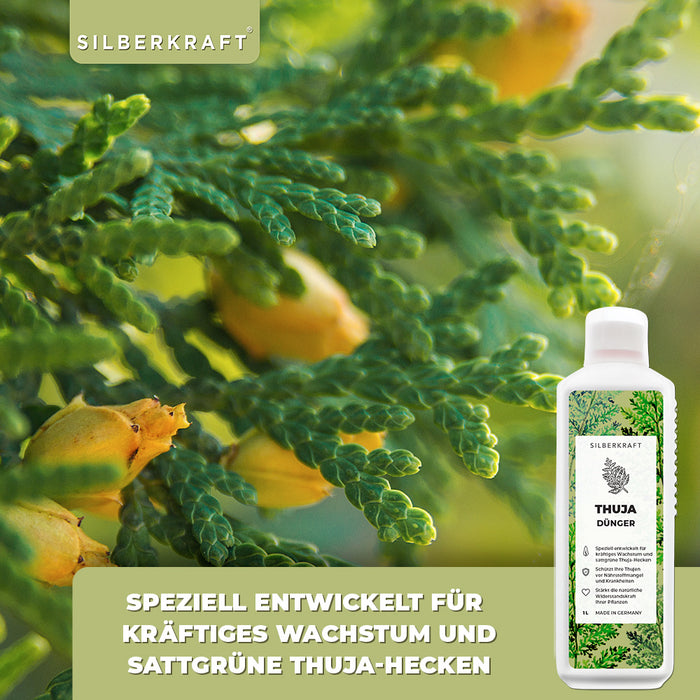 Thuja Dünger - Mineralischer NPK Flüssigdünger mit Stickstoff - Dünger für Thuja-Hecken - Koniferen Dünger - Silberkraft