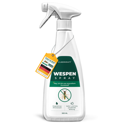 Silberkraft Wespenspray 500 ml – Vorderseite der Sprühflasche aus recyceltem Kunststoff mit sofortiger und langanhaltender Wirkung gegen Wespen.