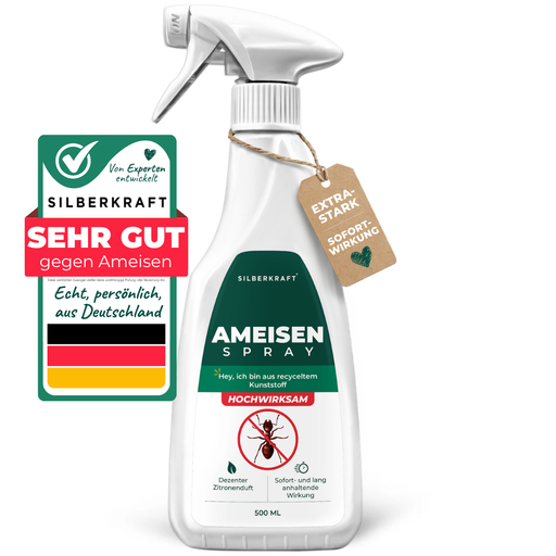 Silberkraft Ameisenspray, 500 ml Sprühflasche mit grün-weißem Etikett, Gütesiegel „Sehr gut gegen Ameisen“ und Anhänger „Extra Stark Sofortwirkung“ – hochwirksames Mittel mit dezentem Zitronenduft, hergestellt in Deutschland