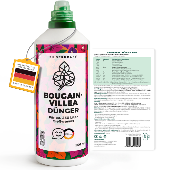 Bougainvilleadünger – Mineralischer NPK Flüssigdünger mit Stickstoff – Dünger für Bougainvillea – Mediterrane Kletterpflanzen-Dünger“ Wichtige Keywords: Bougainvillea Dünger, Drillingsblume Dünger - Silberkraft