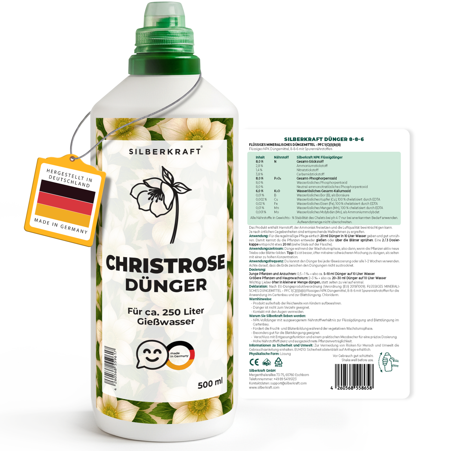 Christrosendünger – Mineralischer NPK Flüssigdünger mit Stickstoff – Dünger für Christrosen (Helleborus) – Winterblüher-Dünger - Silberkraft