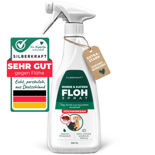 Silberkraft Flohspray für Hunde und Katzen, 500 ml Sprühflasche mit grün-weißem Etikett, Gütesiegel „Sehr gut gegen Flöhe“ und Anhänger „Extra Stark Sofortwirkung“ – hochwirksames Mittel mit dezentem Zitronenduft, hergestellt in Deutschland