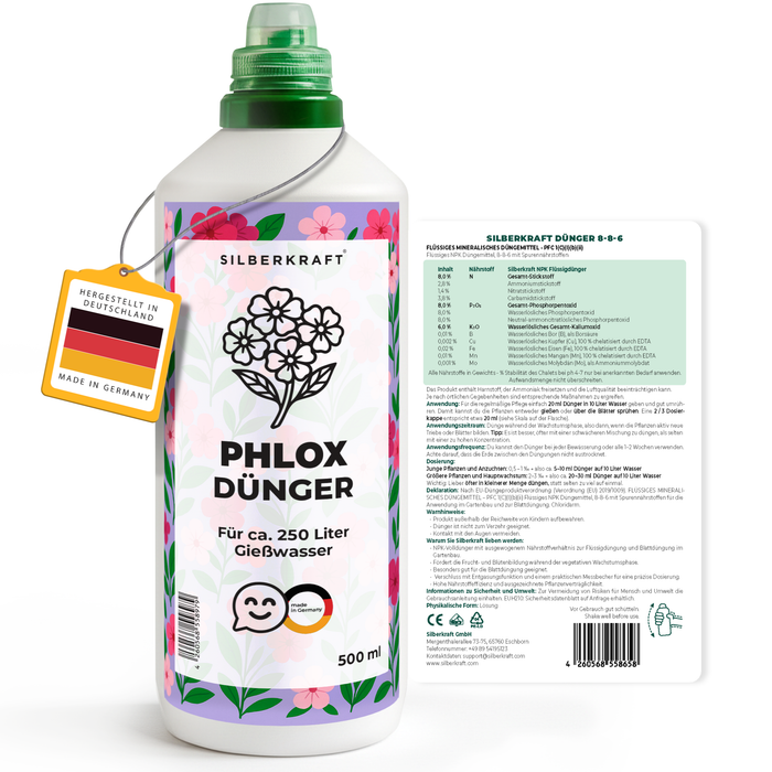Phloxdünger – Mineralischer NPK Flüssigdünger mit Stickstoff – Dünger für Phlox – Stauden- & Gartenblumen-Dünger - Silberkraft