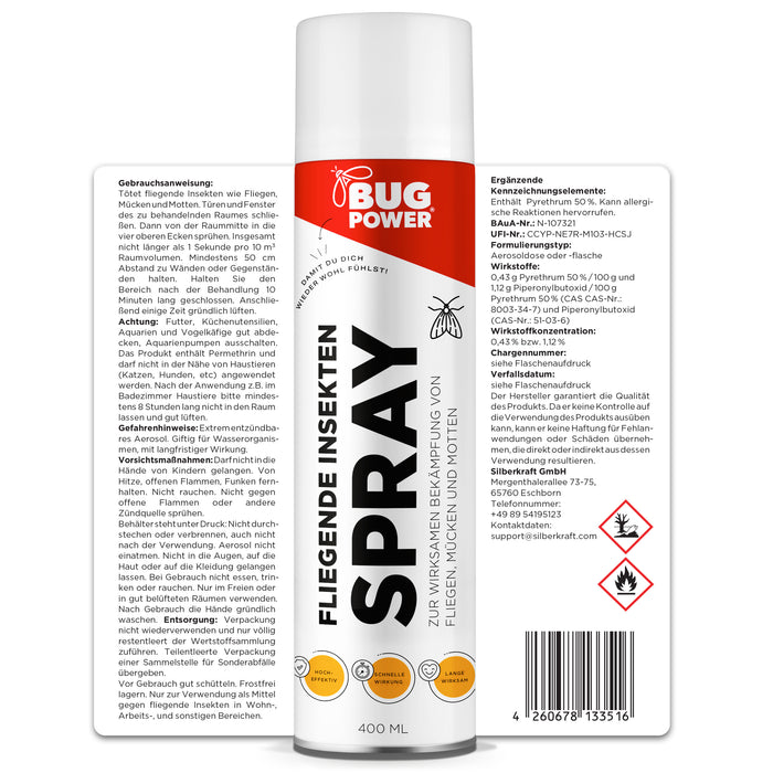 BugPower Spray gegen fliegende Insekten 400 ml - breites Wirkungsspektrum - schnelle Wirkung & mit Knock-Down-Effekt - Silberkraft